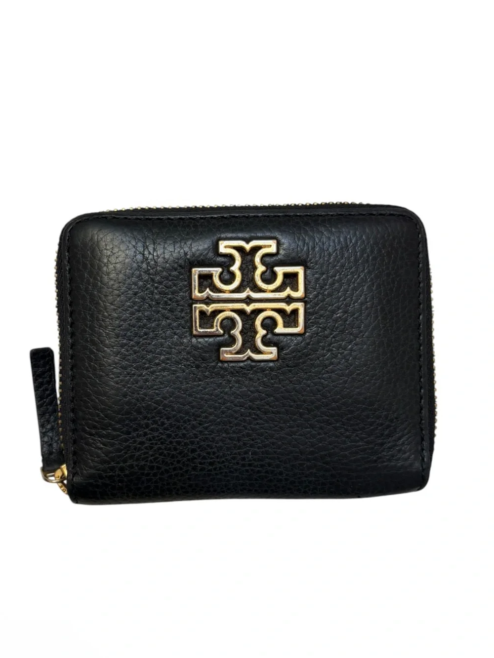 Tory Burch compact small black leather T logo zippy wallet